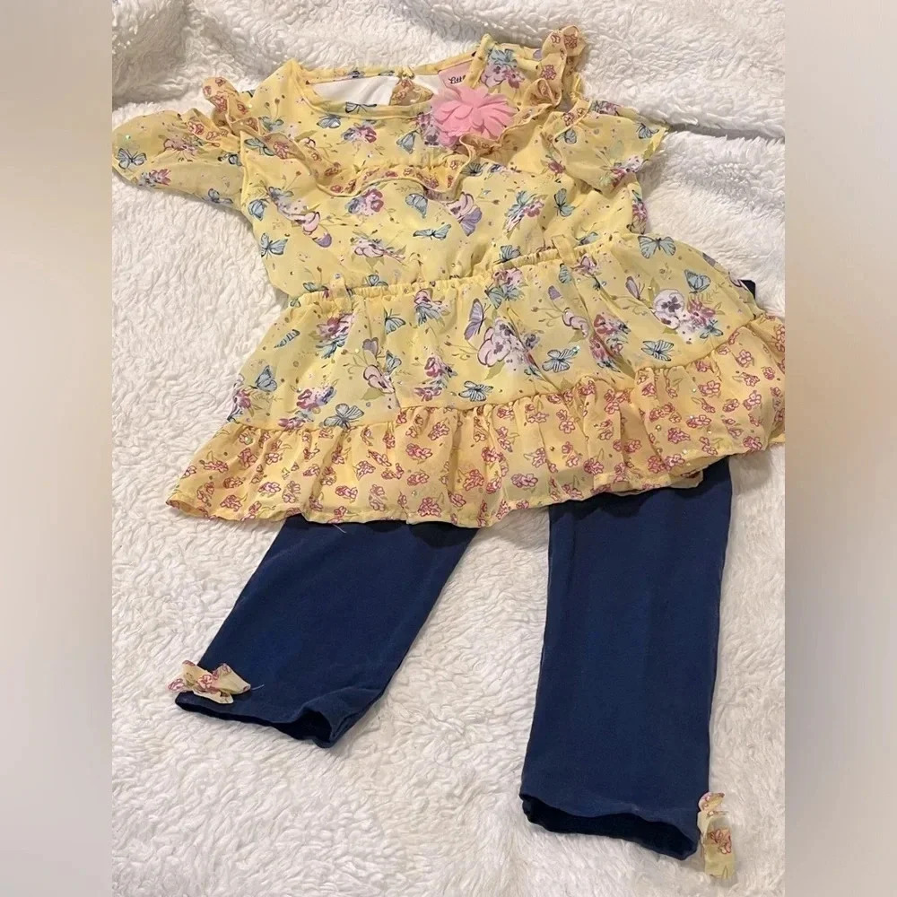 Little Las 2 piece Fancy set blouse and pants Yellow/Blue with Daisy Ruffles